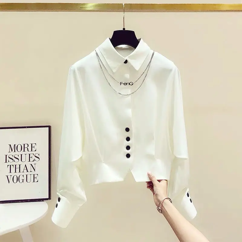 Elegant Chic Short Shirt Tops Spring New Long Sleeve Polo Neck Solid Button Fashion Blouse Temperament Korean Women Clothing