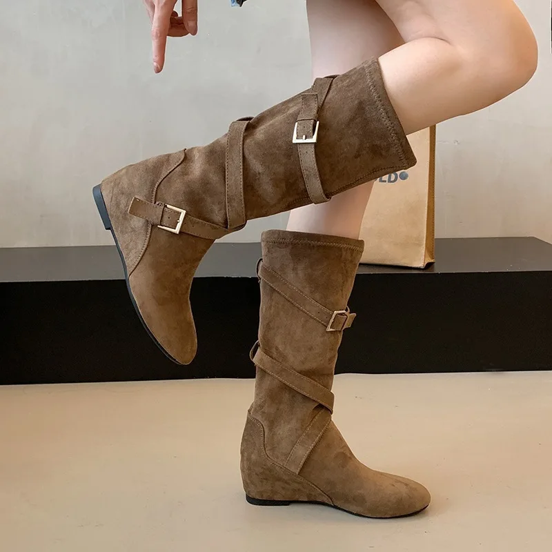 Women Vintage Suede Slouch Mid Calf Boots Invisible Wedge Heel Cross Belt Buckle Shoes Autumn Winter Ladies Western Cowboy Boots view 5