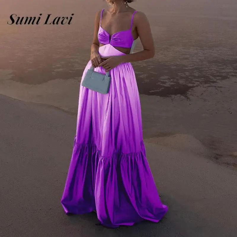 

Fashion Gradient Color Deep V-neck Suspender Dress Women Elegant Sleeveless Backless Waist Party Dress Sexy Hollow Long Dresses