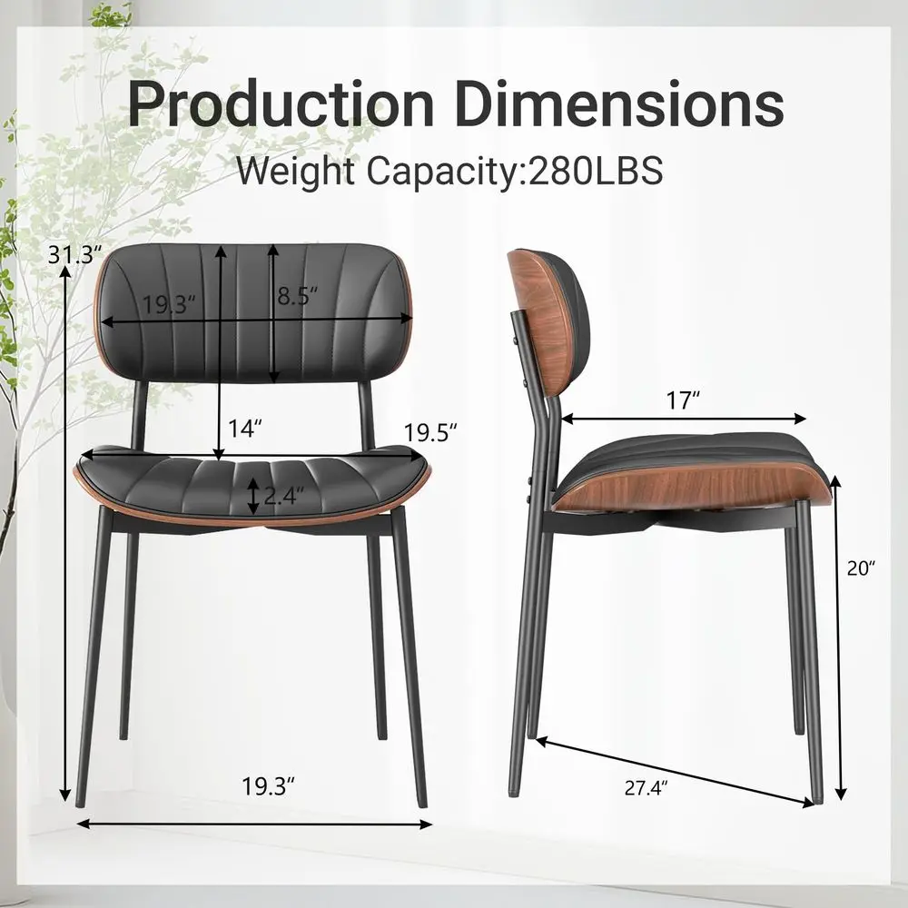 Dining Chairs Set of 2,Upholstered PU Leather Kitchen Chairs,Black Mid Century Walnut Bentwood Back and Metal Legs for Kitchen