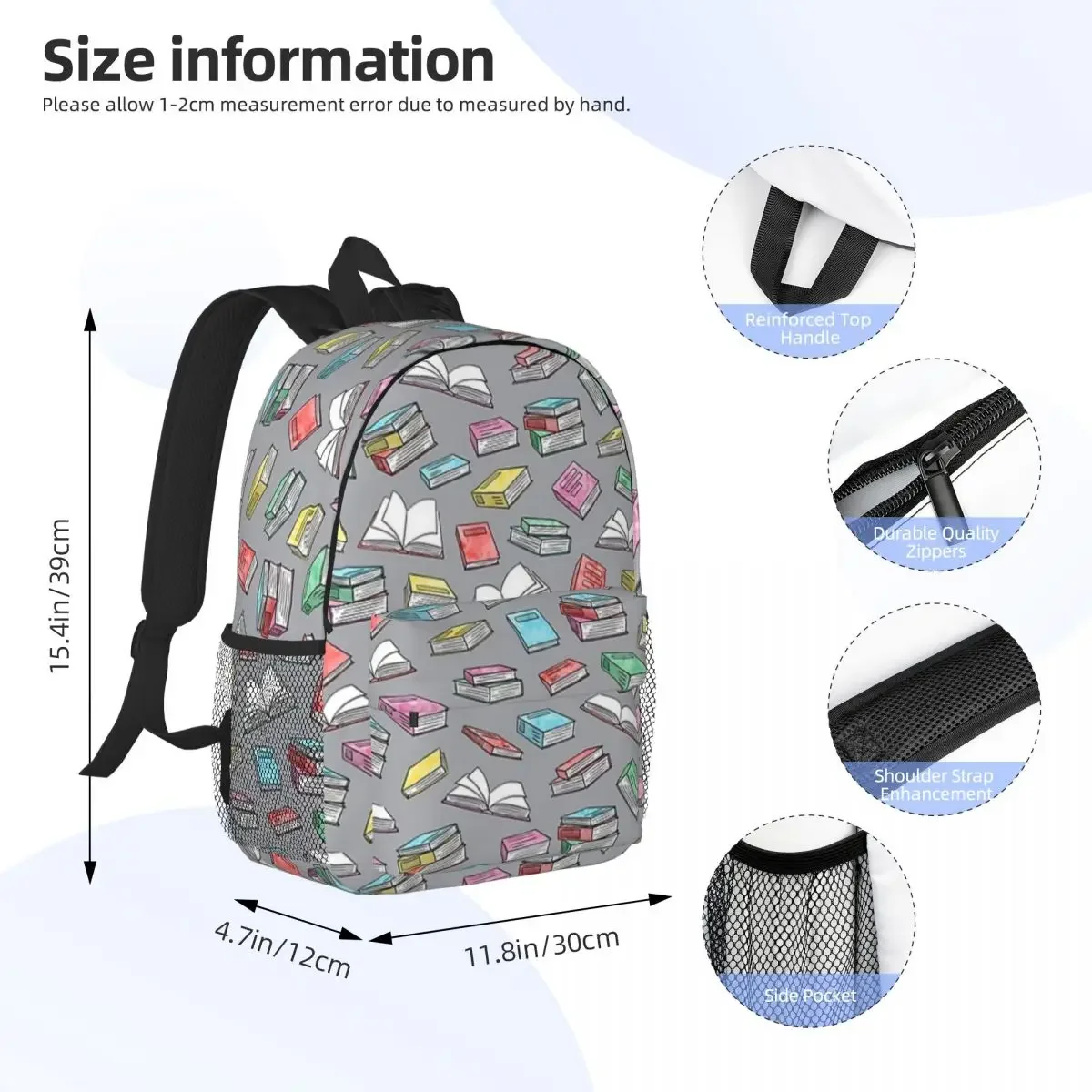 Books On Grey Backpacks Teenager Bookbag Fashion Children School Bags Travel Rucksack Shoulder Bag Large Capacity