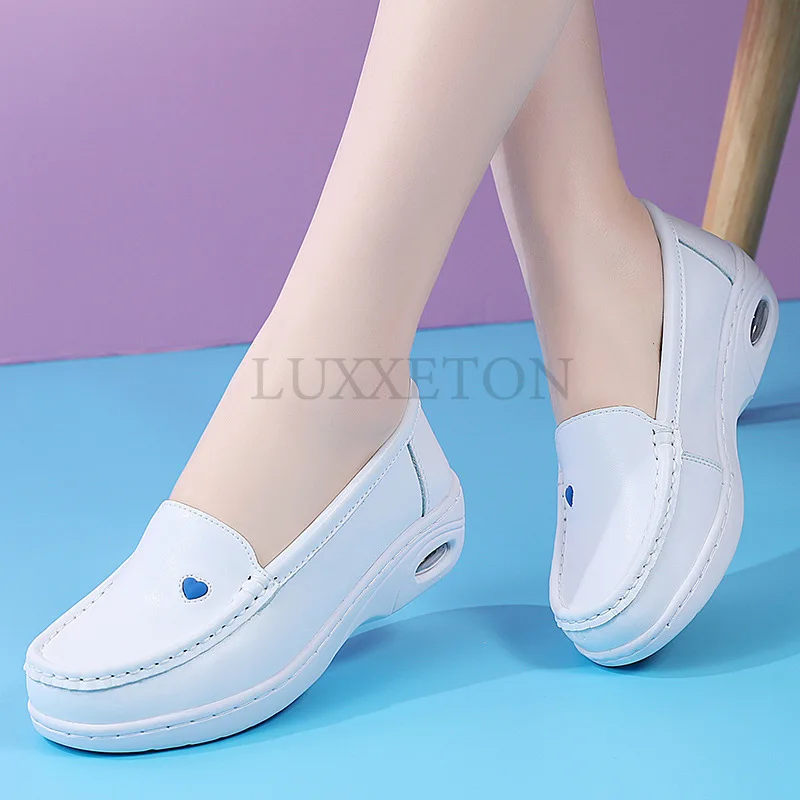 Women Flat Leather Shoes Casual White Wedge Heel Soft Sole Non Slip Caring Comfortable Mother Nurse Work Shoes