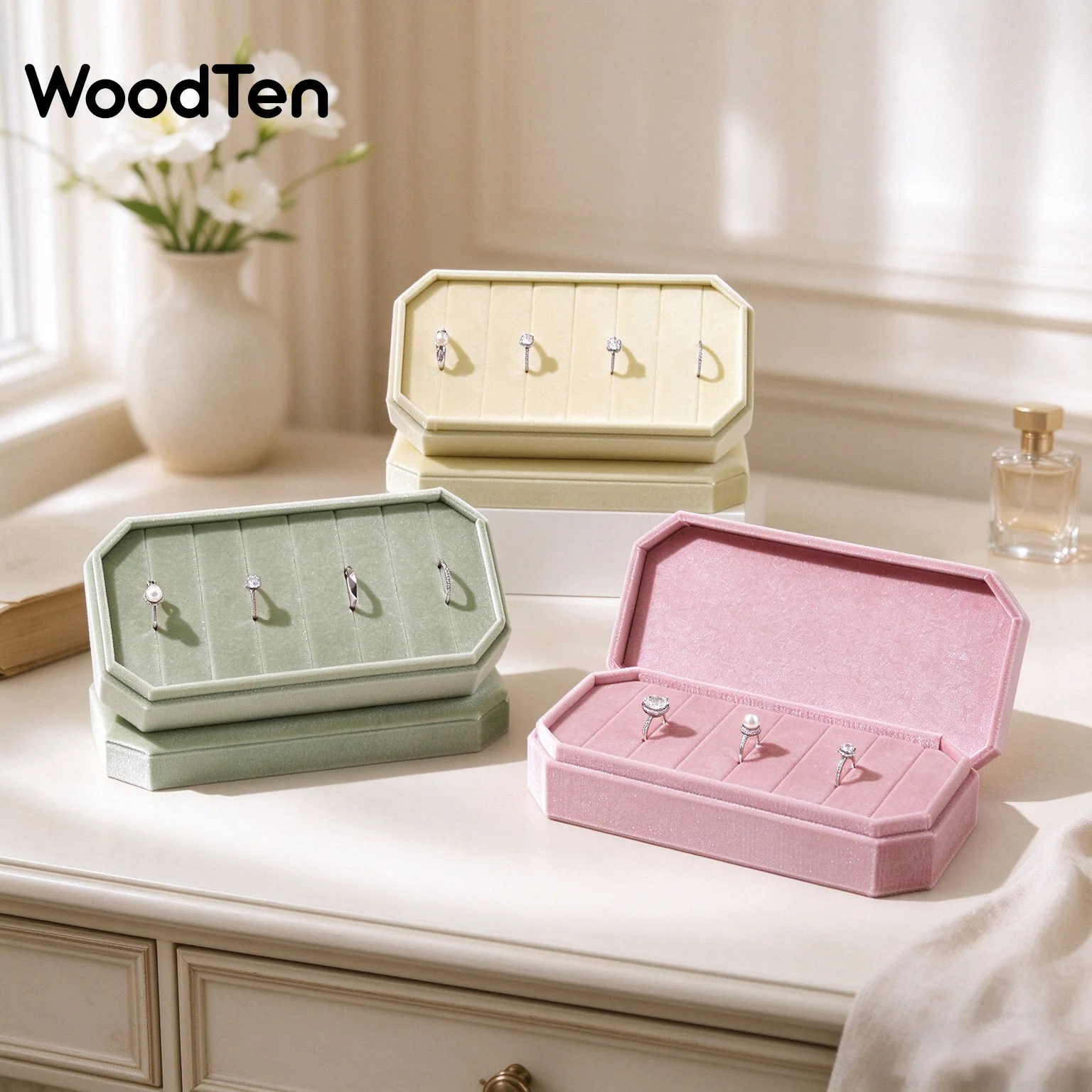 WoodTen Octagonal Velvet Jewelry Box Portable Ring Storage Case Display Organizer for Wedding Gifts Home Use
