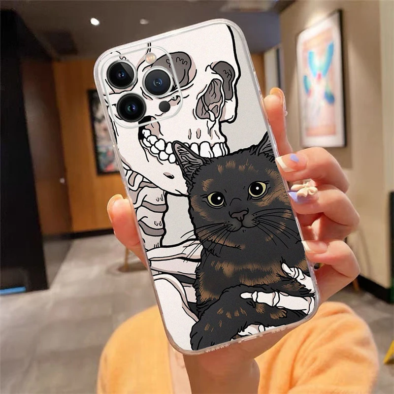 

Phone Case For iphone 17ProMax Air 16 15 14 13 Pro Max 15 16 Pro 15Plus Cartoon Skeleton Skull Cat Art