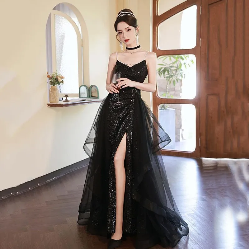 

Black Banquet Sequined Art Exam Performance Costume Sling High Slit Party Dress