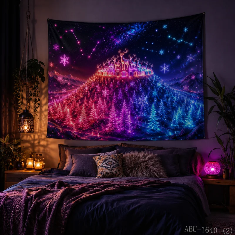 VIKAMA Gradient Forest Neon Reindeer Gift Box Galaxy Christmas Tapestry Background Hanging Cloth Living Room Decoration