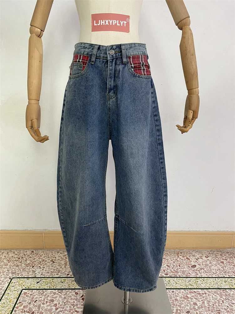 

Women's Grid Splicing Pocket High Waisted Blue Jeans Autumn Streetwear Wide Leg Vintage Trouser Female Casual Denim Pants