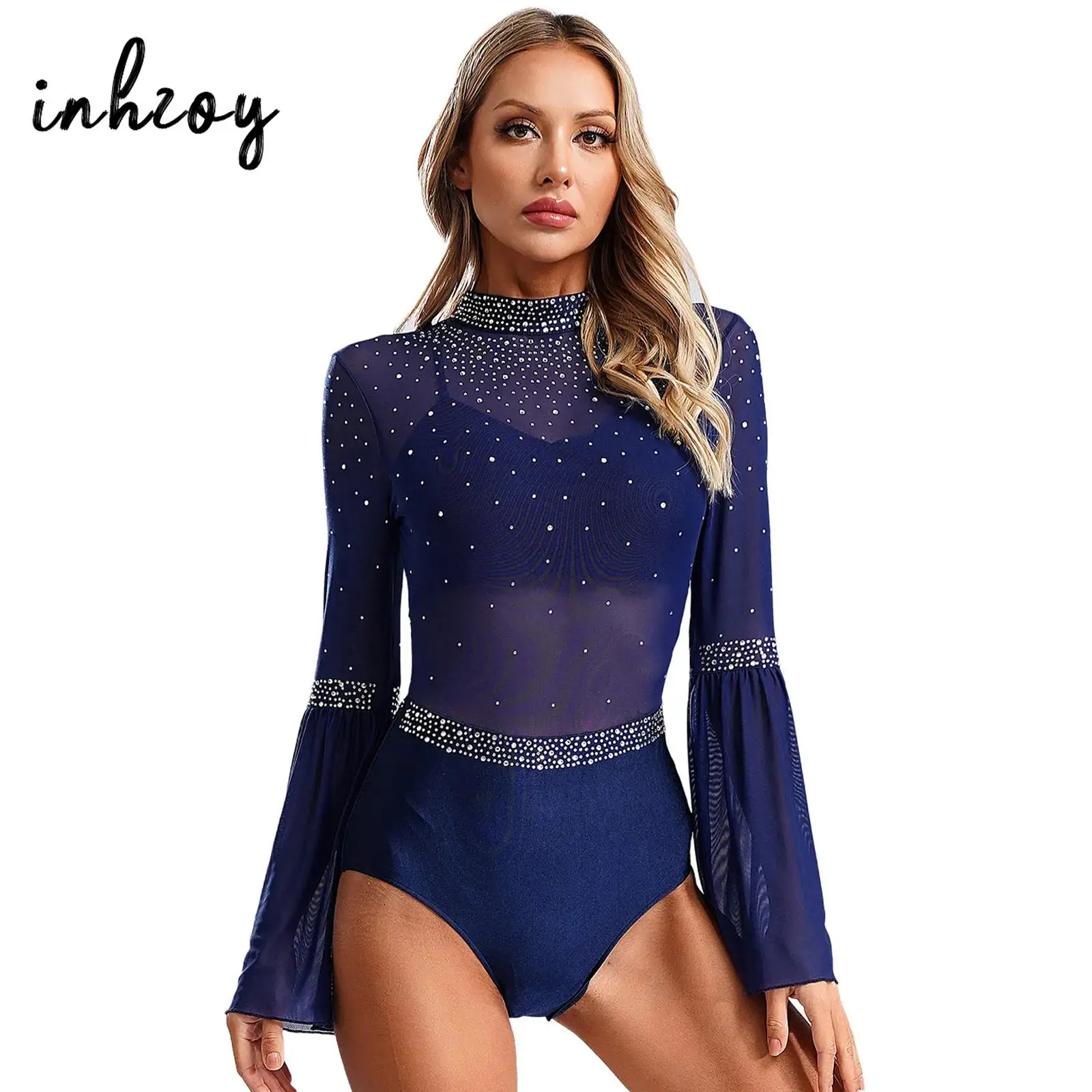 Women Sparkly Rhinestone Leotard Figure Skating Costume Artistic Gymnastics Leotard Flare Sleeve Ballet Dance Bodysuit Dancewear