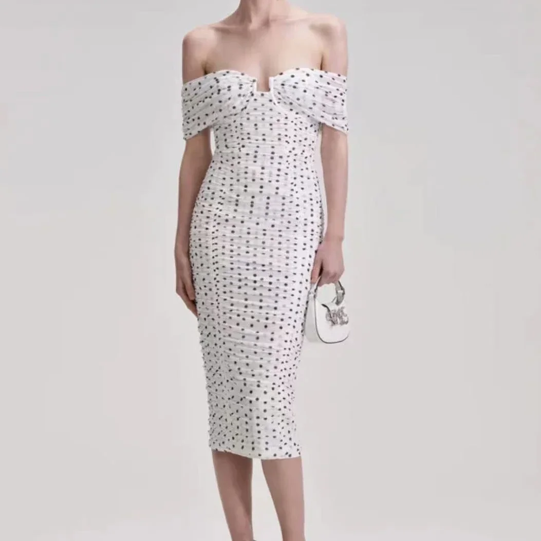 New Collection White Polka Dots Printed Off the Shoulder Shirring Slash Neck Women Midi Dress