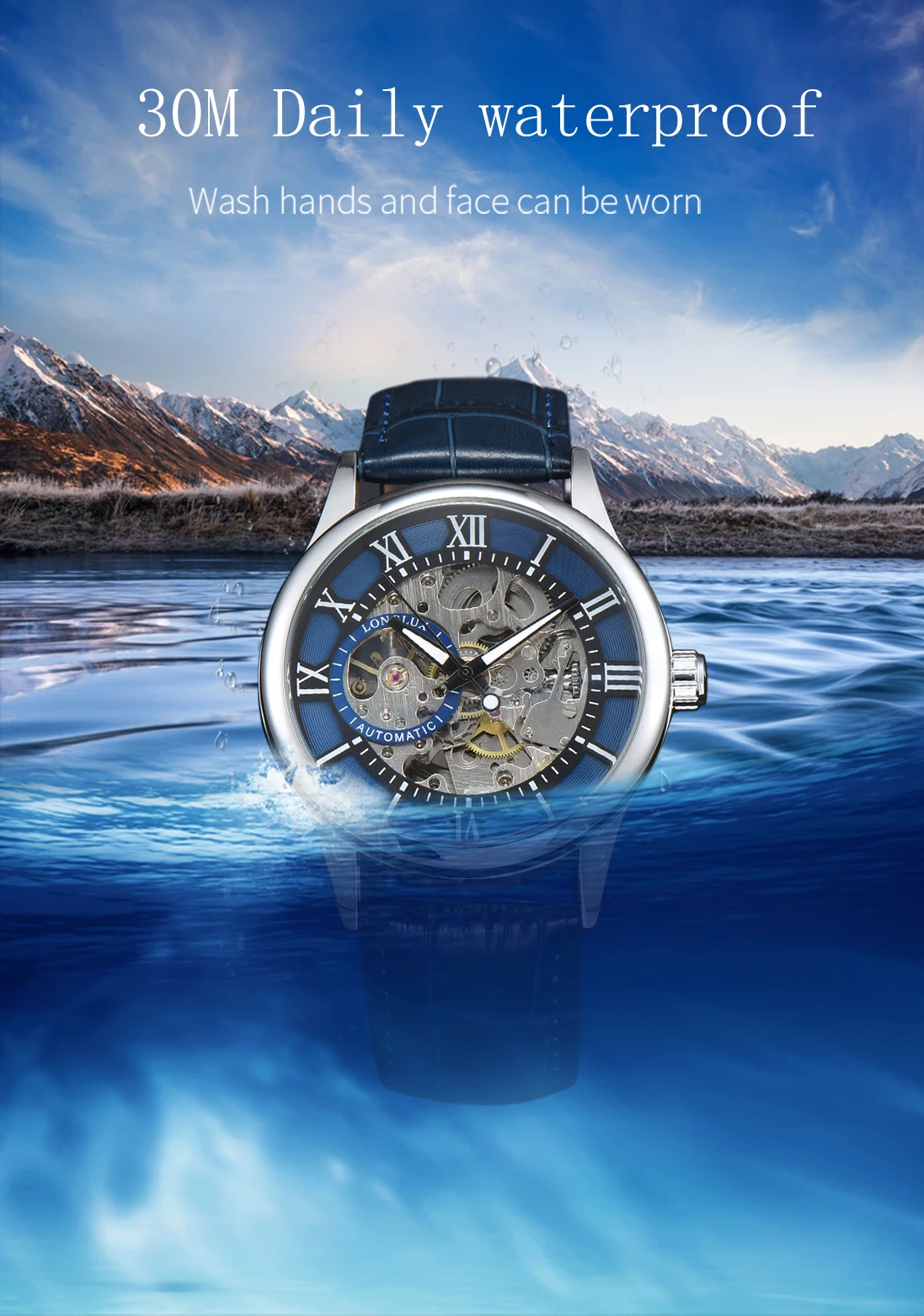 Herren-Automatikuhr, Luxuriöse Mechanische Uhr mit Römischen Ziffern, Wasserdicht, Skelett-Design, Nachleuchtend, Lederarmband, Herrenuhr, Ideal als Geschenk – Detail 9