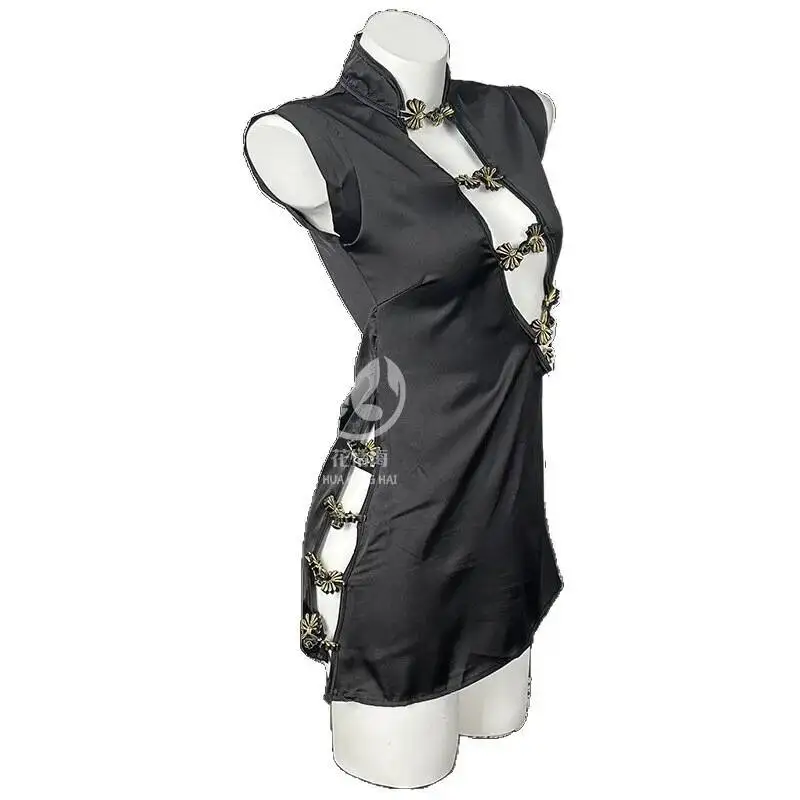 Sexy Dessous im Pure Desire-Stil, Satin, chinesischer Stil, Cheongsam, ausgehöhltes, geschlitztes Uniform-Set für Frauen, Pure Desire Charming GQKS