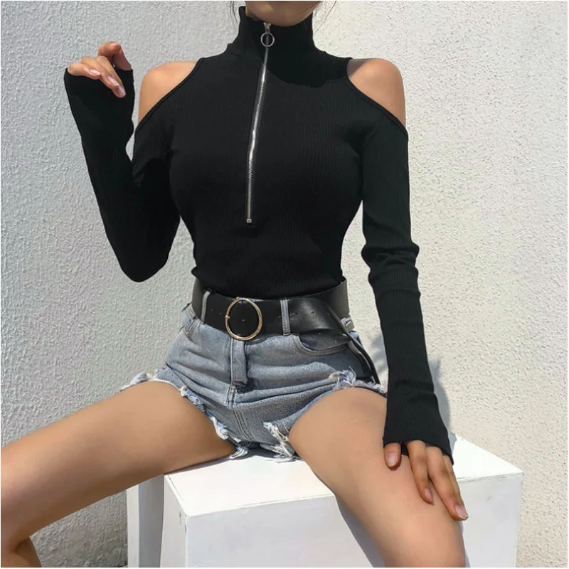 Black women\'s ribbed sexy zipper jumpsuit long sleeved clothing women\'s fashionable autumn and winter tight top women