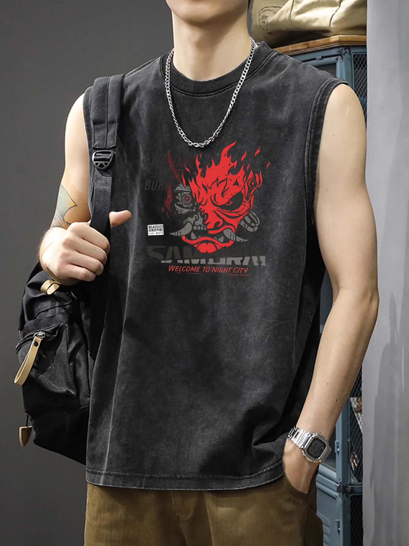 Cyberpunk Japanese Demon Flame Print Men's Washed Vest Sleeveless, High Saturation Contrast, Crew Neck, Slight Stretch Fabric, Perfect for Street Style and Daily Wear