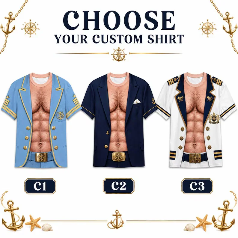 Funny Men’s Muscle Shirt, Captain Uniform 3D Print T-Shirt, Novelty Nautical Costume Top, Hilarious Gag Gift for Him