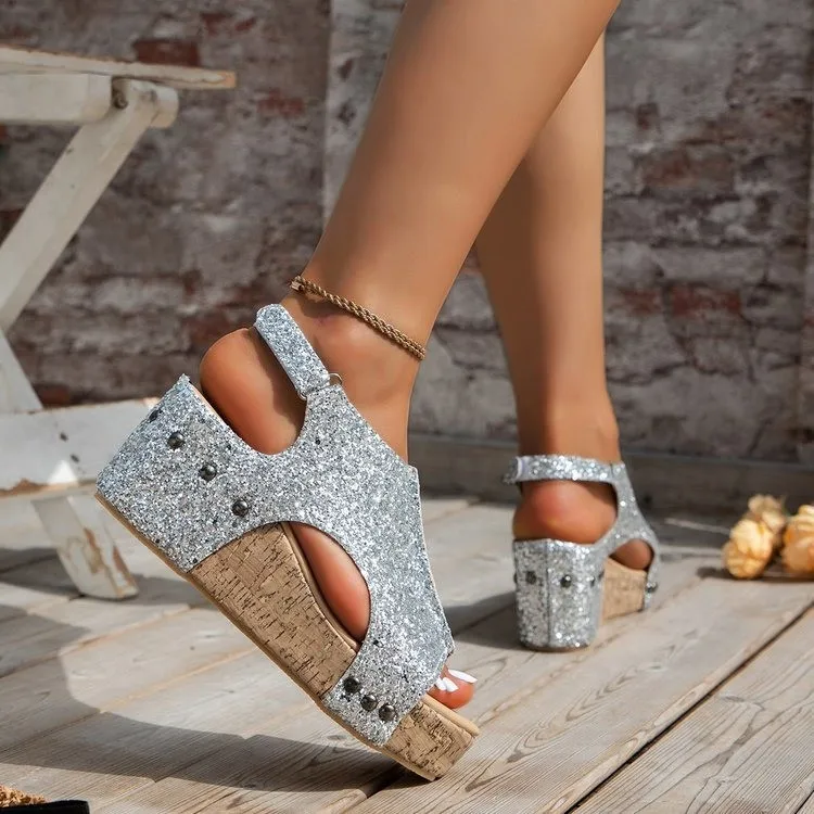 New Large Size 36-43 Wedge Heel Sandals for Women Sequin Thick Bottom Hollow Summer Sandals Fashion Open-toe Cool Roman Shoes