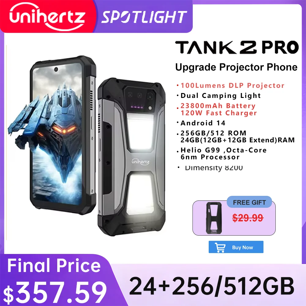 Unihertz tank 2 Pro 8849 telefono robusto con proiettore 100MP 24GB 256GB Android 14 100MP NFC 120W Helio G99 23800mAh