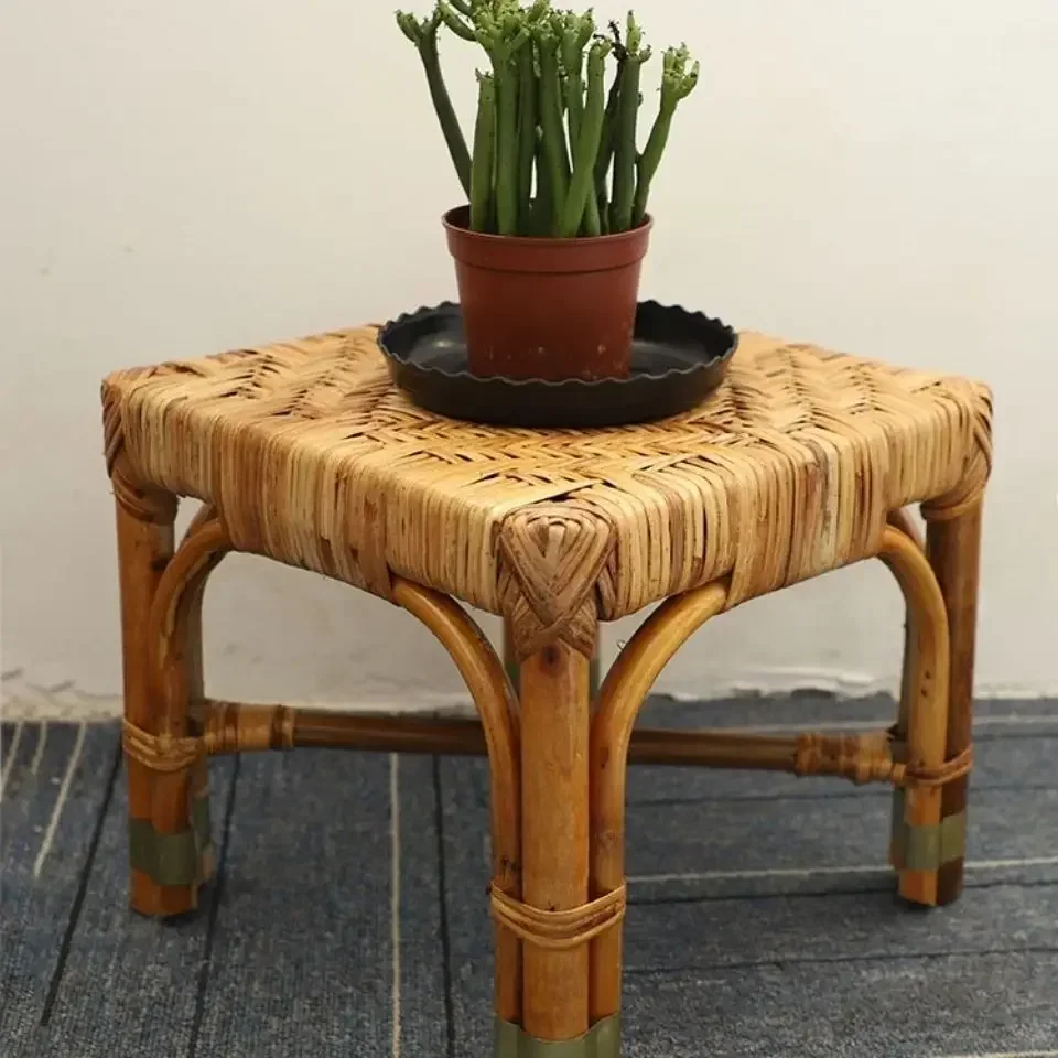 Rattan woven square Low stool strong shoe changing stool classical plant shelf balcony patio garden furniture floor chair