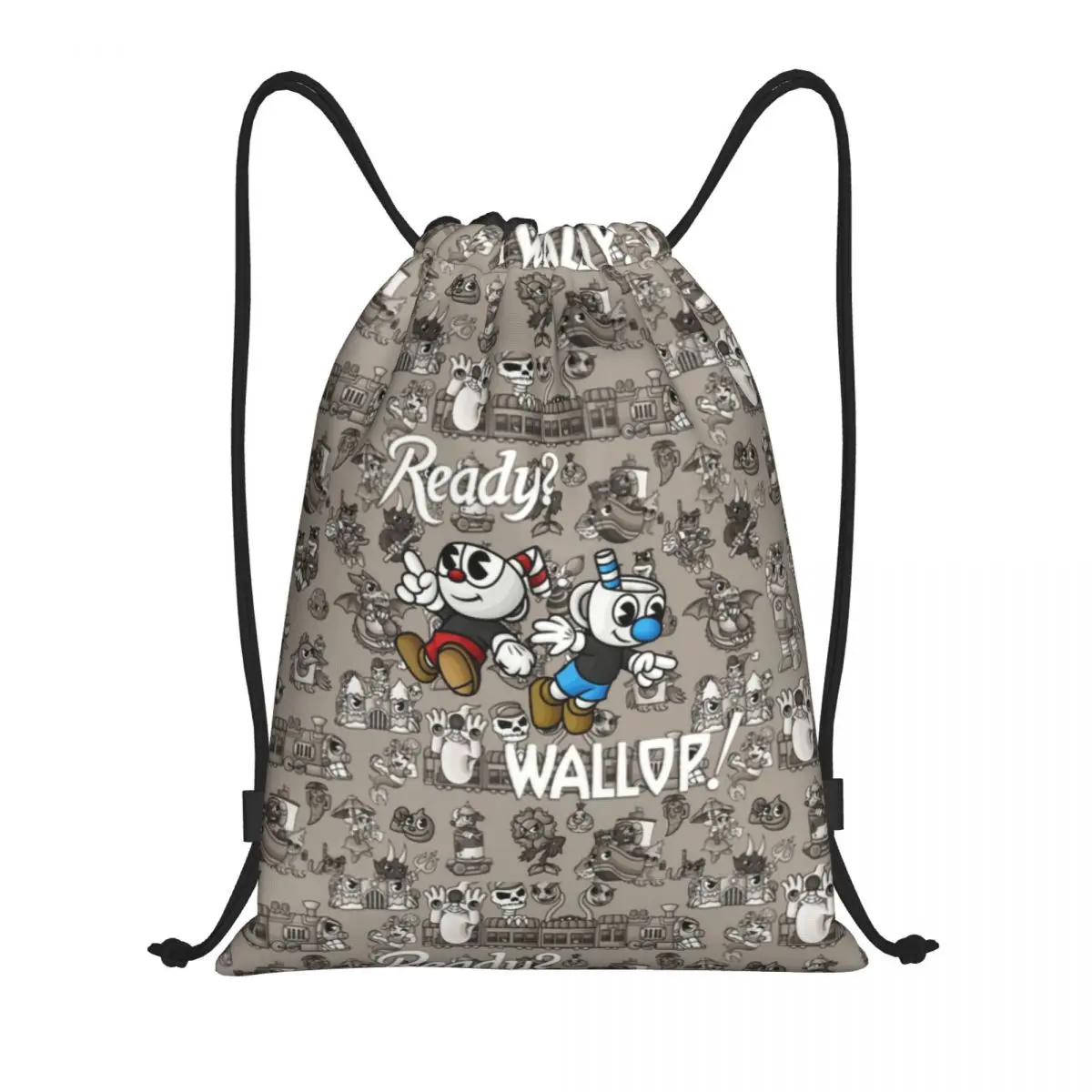 Mochila de almacenamiento con cordón para hombre y mujer, bolso deportivo ligero con diseño de dibujos animados Cuphead, personalizable, ideal para gimnasio