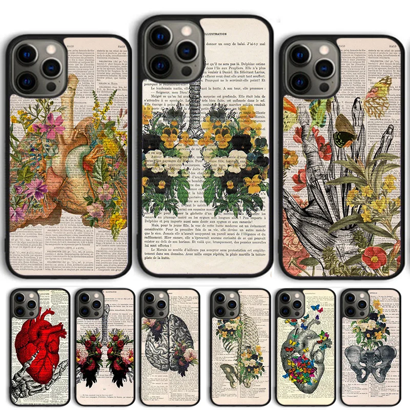 Vintage Anatomy Heart Brain Nurse Phone Case For iPhone 14 15 16 13 12 Mini Max Cover For Apple 11 Pro Max 6S 8 7 Plus