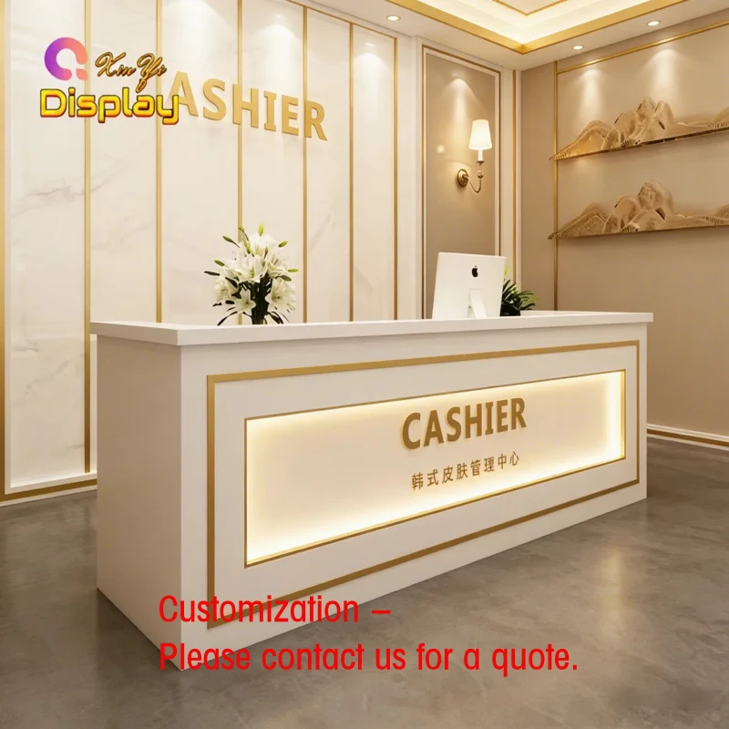 custom.Custom Luxury Reception Display Counter Storage LED Lighting Durable Heavy Duty Construction Custom Dimensions Showro