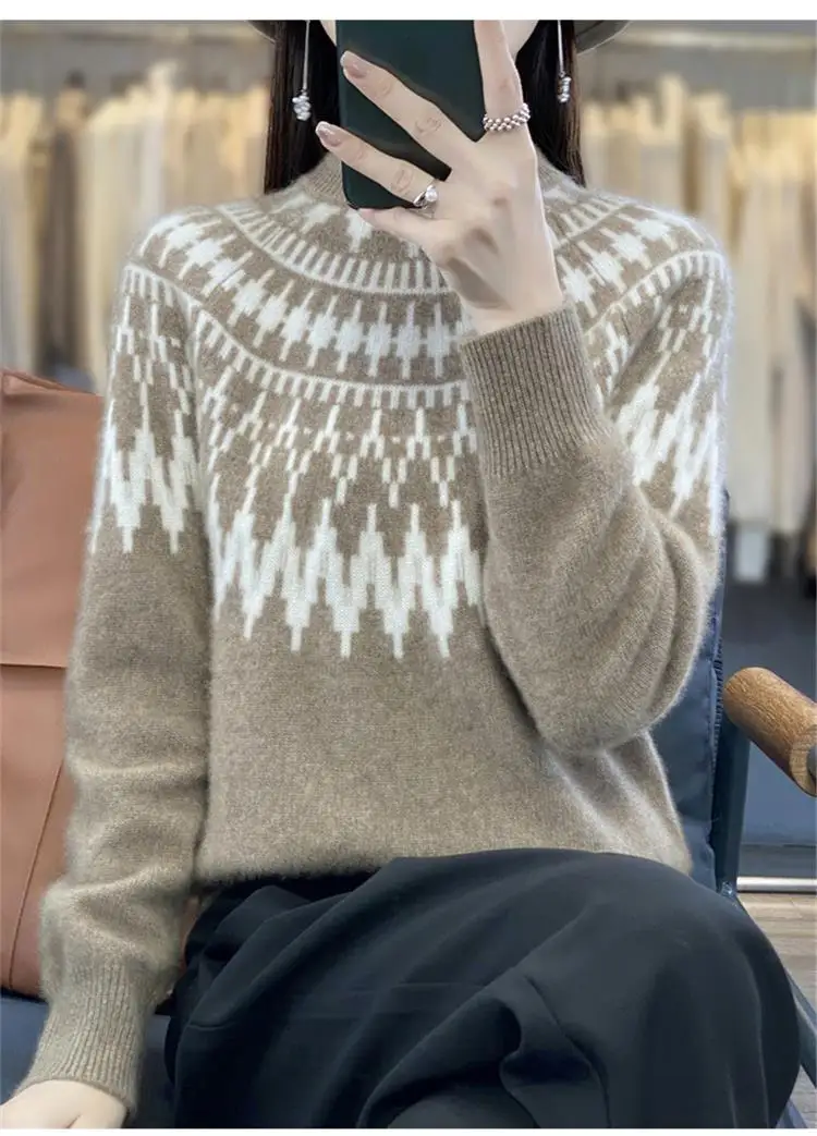 Vintage Turtleneck Fair Isle Pullover Damski luźny, wyściełany żakardowy sweter z długim rękawem, dzianinowy top