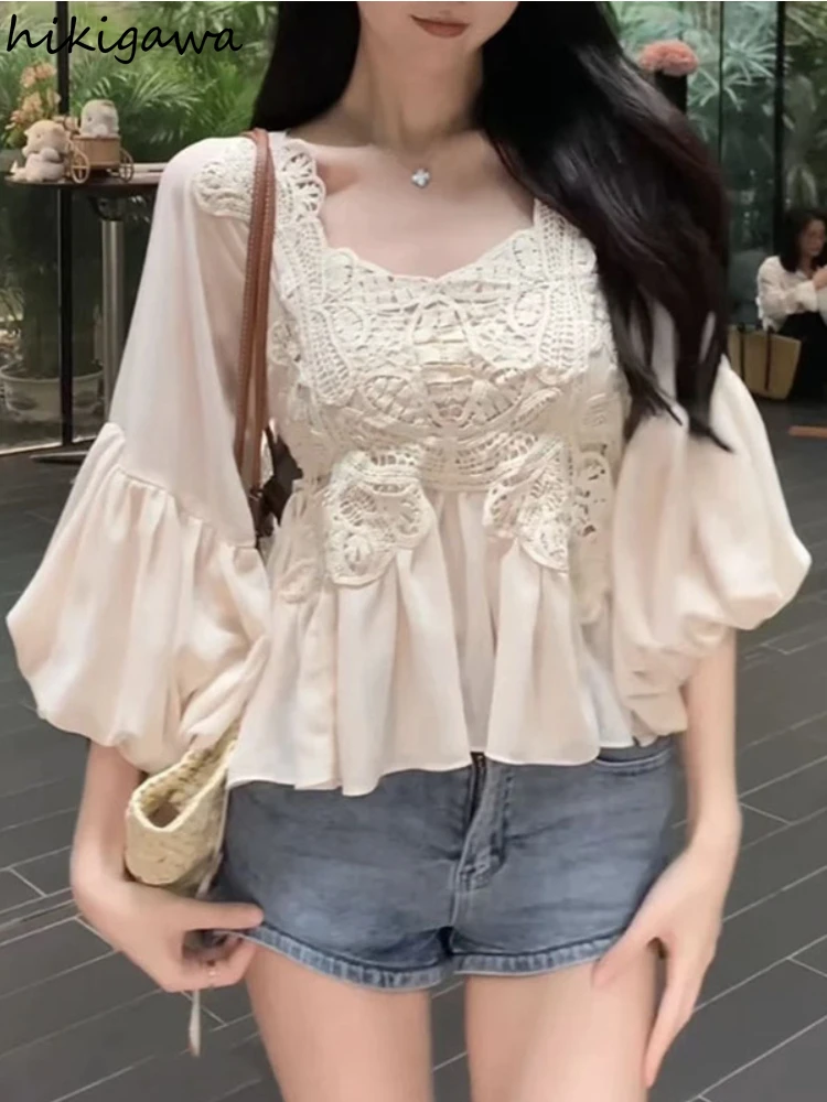 Korean Blouse Women Clothing V-neck Lantern Sleeve Patchwork Lace Shirts Vintage Summer Blouses Tops 2024 Blusas De Mujer 27v961