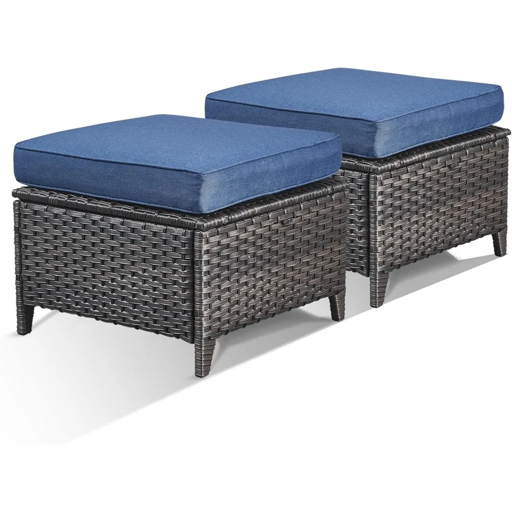 

Пуфики для патио, 2-х предметные плетеные пуфики из смолы, уличные табуретки для ног, подставка для ног, пуфики из полиэтиленового ротанга с утолщенными подушками для патио Ga