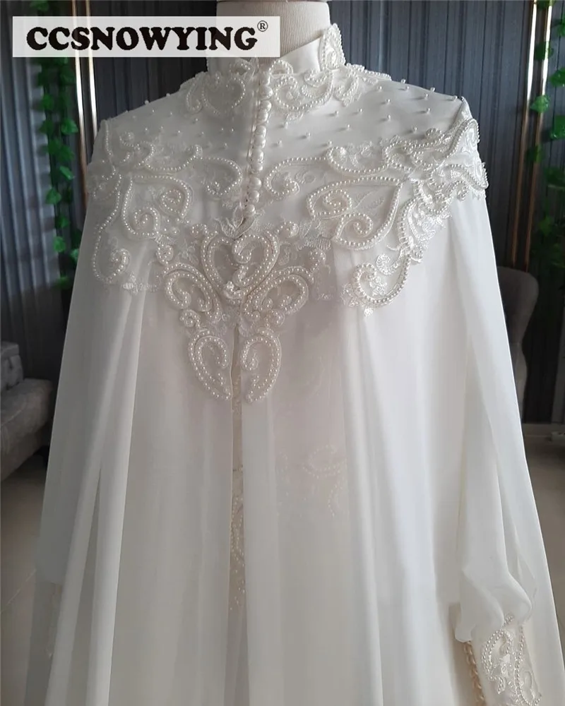 Chiffon Appliques Pearls Muslim Wedding Dress with Cape Long Sleeve Arabic Dubai Bride Gown High Neck Vestidos De Novia