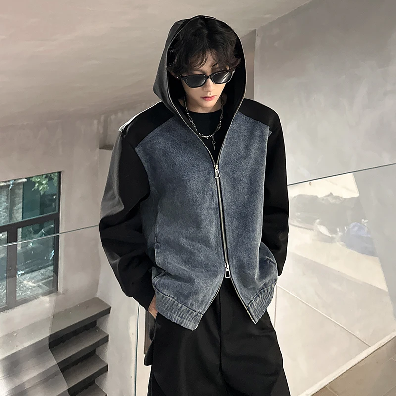 

Ретро джинсовая куртка-худи с пэчворком для мужчин, дизайнерская, премиум-класса, с подплечниками, верхняя одежда, осенняя, уличный стиль, с длинными рукавами