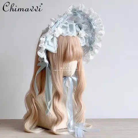 Original Handmade Christmas Ice Blue Flower Wedding Ponet Lace Bow Bnt Kc Princess Women's Cos Pink Lace Flower Ball Headwear