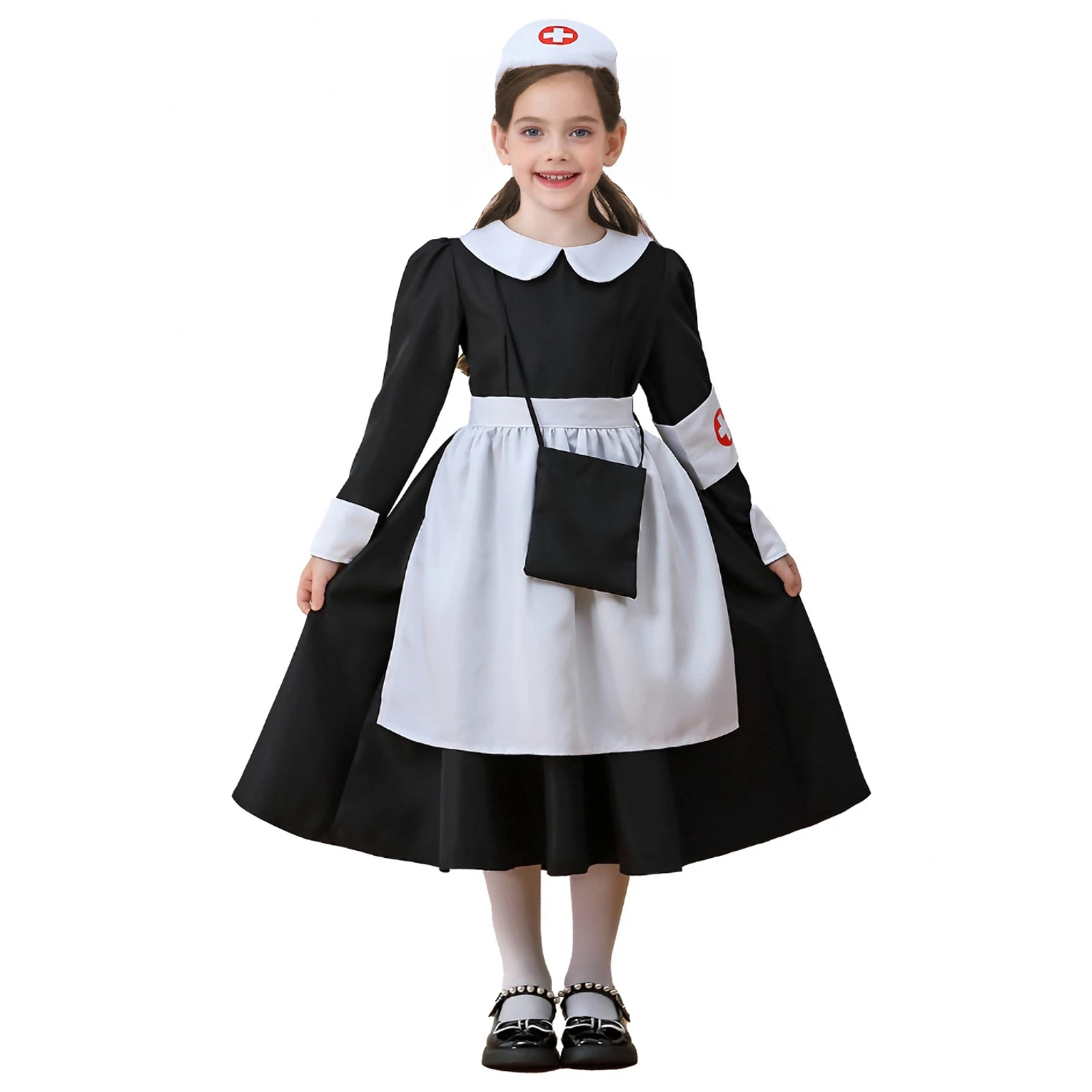 Костюм медсестры из 4 предметов для девочек, платье с отложным воротником и длинными рукавами, рюшами и крестообразным принтом, головной убор, повязка на руку, фартук, платье медсестры на Хэллоуин