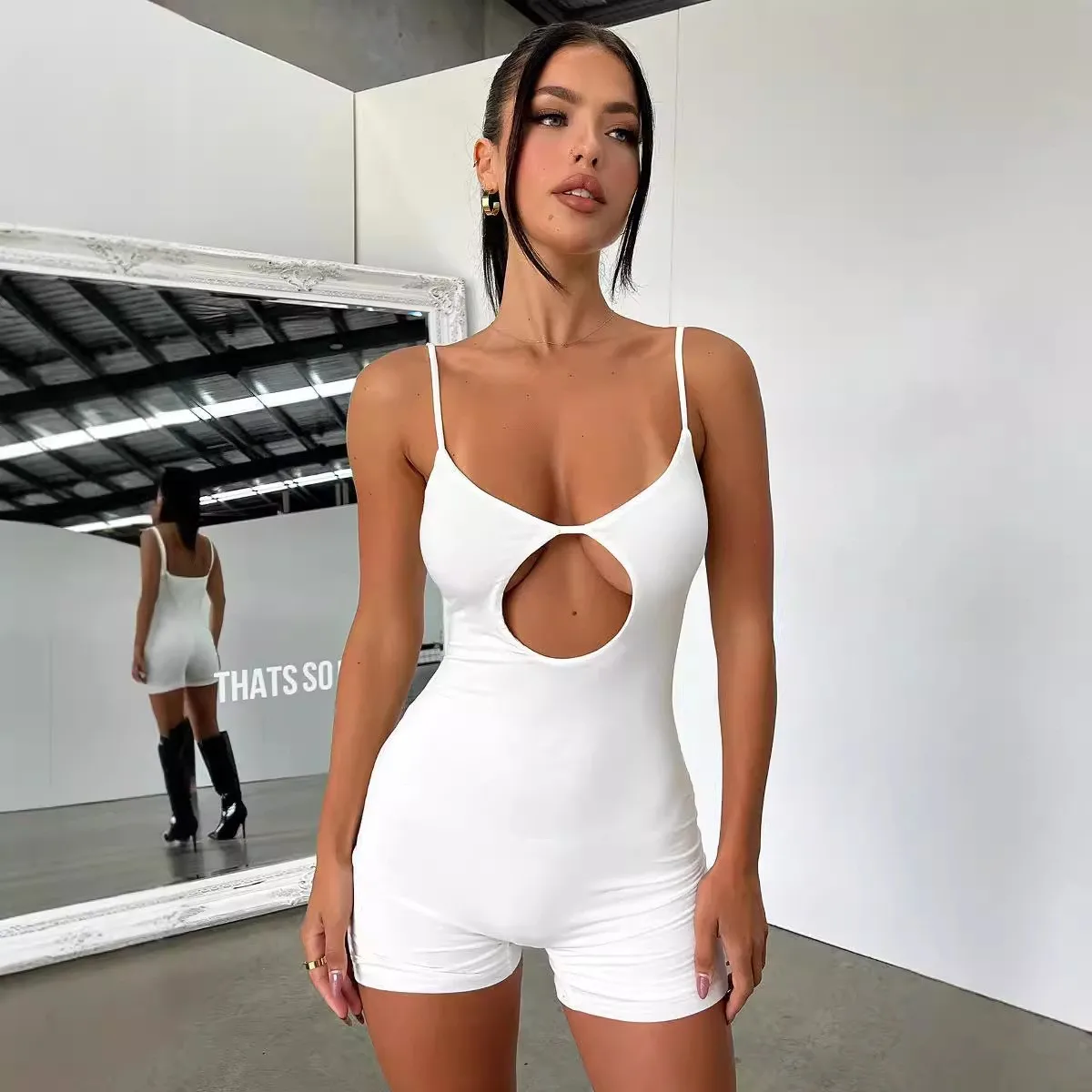 2024 Summer New Trendy Street Casual Solid Color Strap U Collar Bareback jumpsuit with hollowed out hip hugging jumpsuit