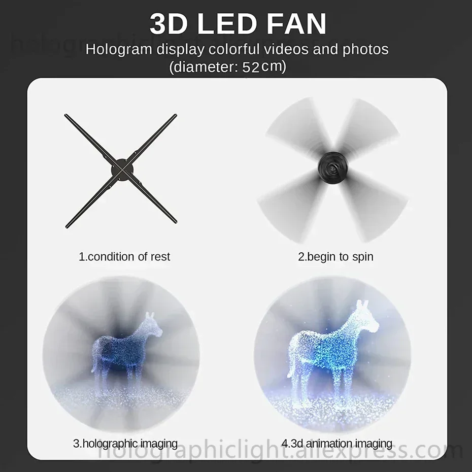 โปรเจคเตอร์พัดลมโฮโลแกรมความละเอียด HD 3D Wi-Fi 40-65ซม. ป้ายไฟ LED เครื่องเล่นโฮโลแกรมรองรับภาพวิดีโอร้านค้าการแสดงโฆษณา