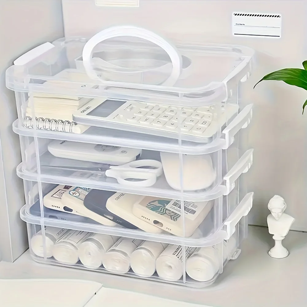 Stackable 4-tier clear plastic storage container with dividers and cover