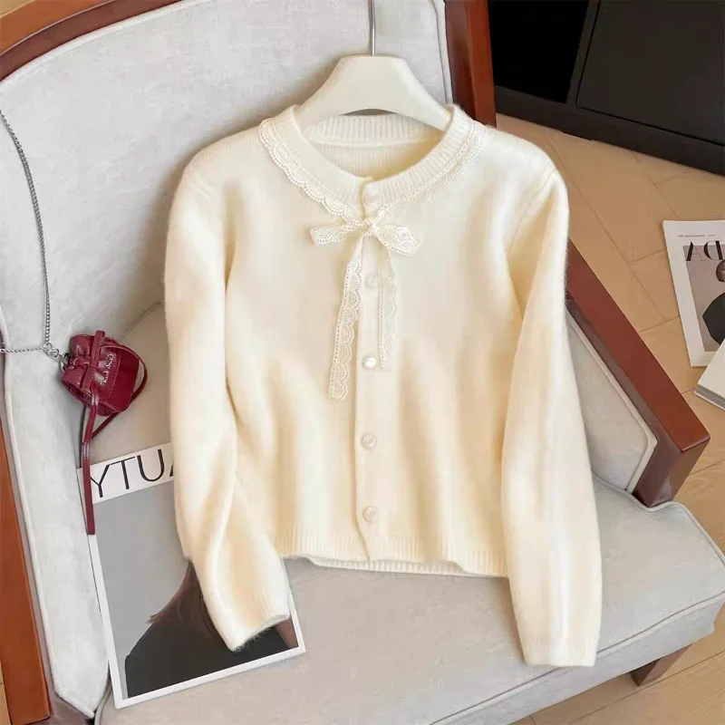 

Милый вязаный кардиган с кружевной строчкой для женщин, осень-зима, новый нежный стильный короткий топ