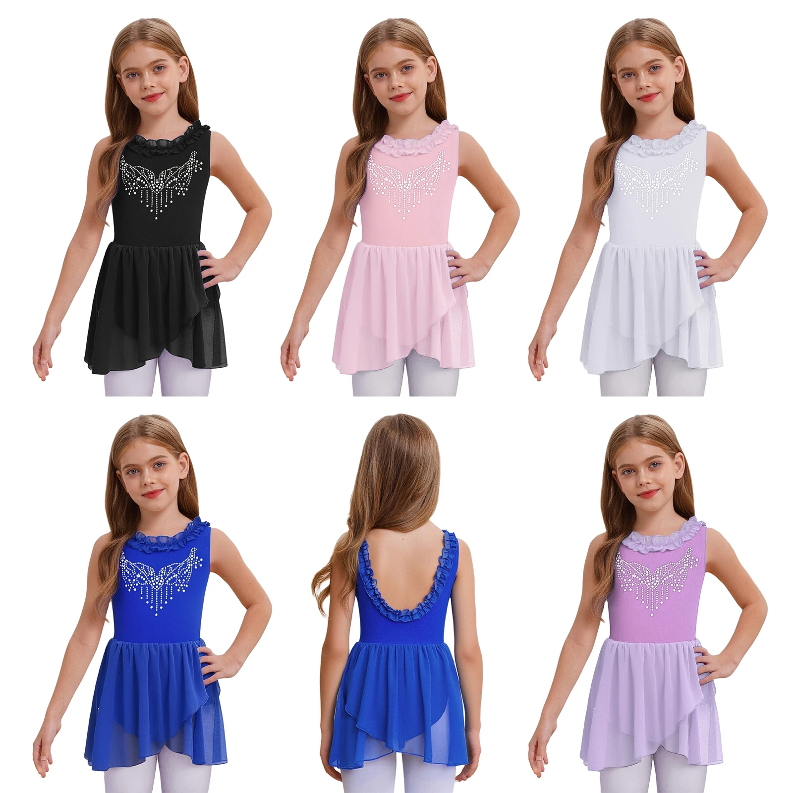 أطفال بنات الشكل التزلج على الجليد أداء زي بلا أكمام لامعة الراين الجمباز الباليه الرقص البهلوانية يوتار فستان