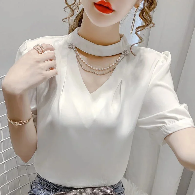 Women Summer Style Blouses Shirts Lady Fashion Casual Puff Short Sleeve Beading O-Neck Solid Pearl Blouses Tops