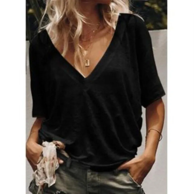 

Explosive new deep V-neck short sleeve solid color casual T-shirt blouse