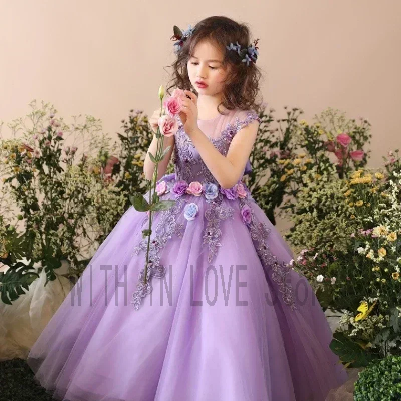 

Flower Girls Dresses With 3D Flowers Little Girl Wedding Birthday Party Purple Puffy Appliques First Communion Holiday Dress