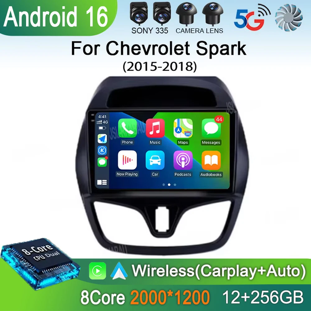 Radio para Auto Android 16 con Carplay, WIFI+4G para Chevrolet Spark 2015 2016 2017 2018, Reproductor Multimedia GPS, WIFI+4G, Audio Estéreo, DSP