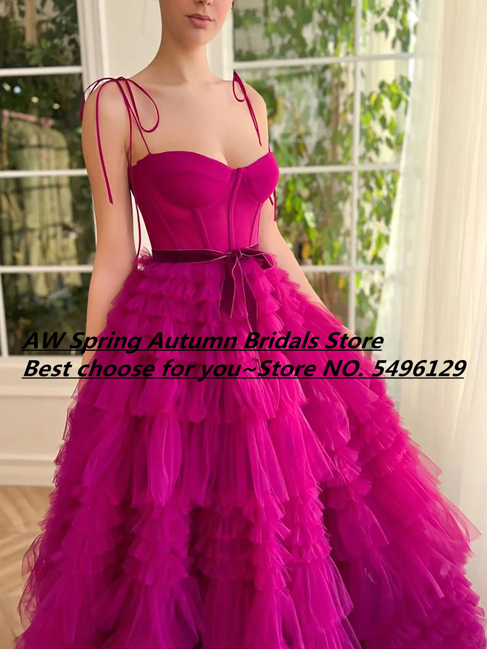 Sexy Fuchsia Prom Dresses Straps Sweetheart Floor Length Ruffled Skirt Tulle Prom Evening Gown Popular Birthday Party Dress