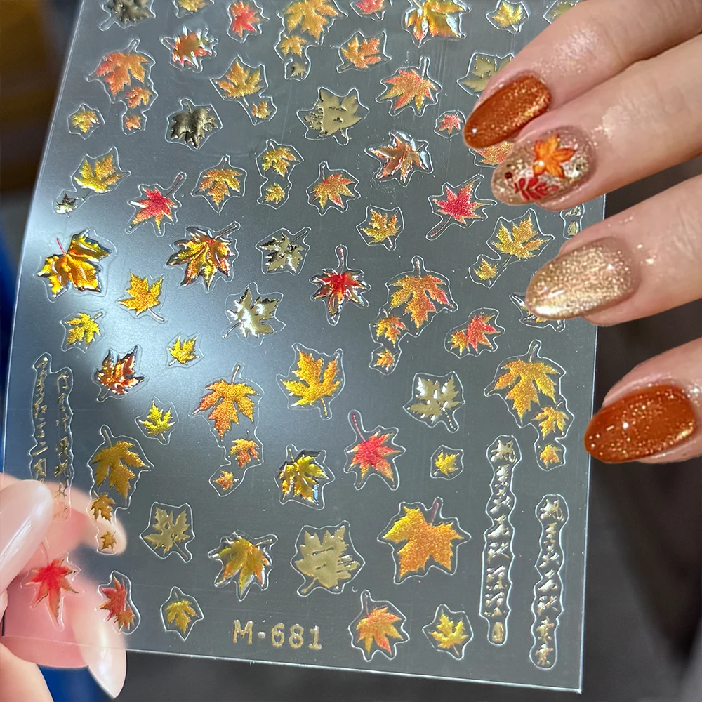 

5D Autumn Maple Leaves Nail Sticker Jelly Golden Fallen Leaves Self-Adhesive Nails Decals Maple Leaf Manicure Nail Slider Decora