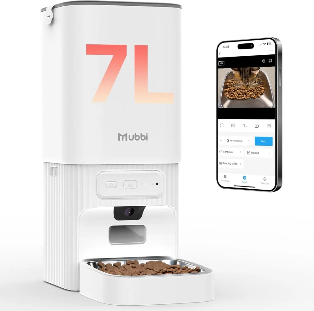 

Smart Pet Feeder with Camera, 5G WiFi, Night Vision, 7L Capacity, 1-15 Meals, 2-Way Audio