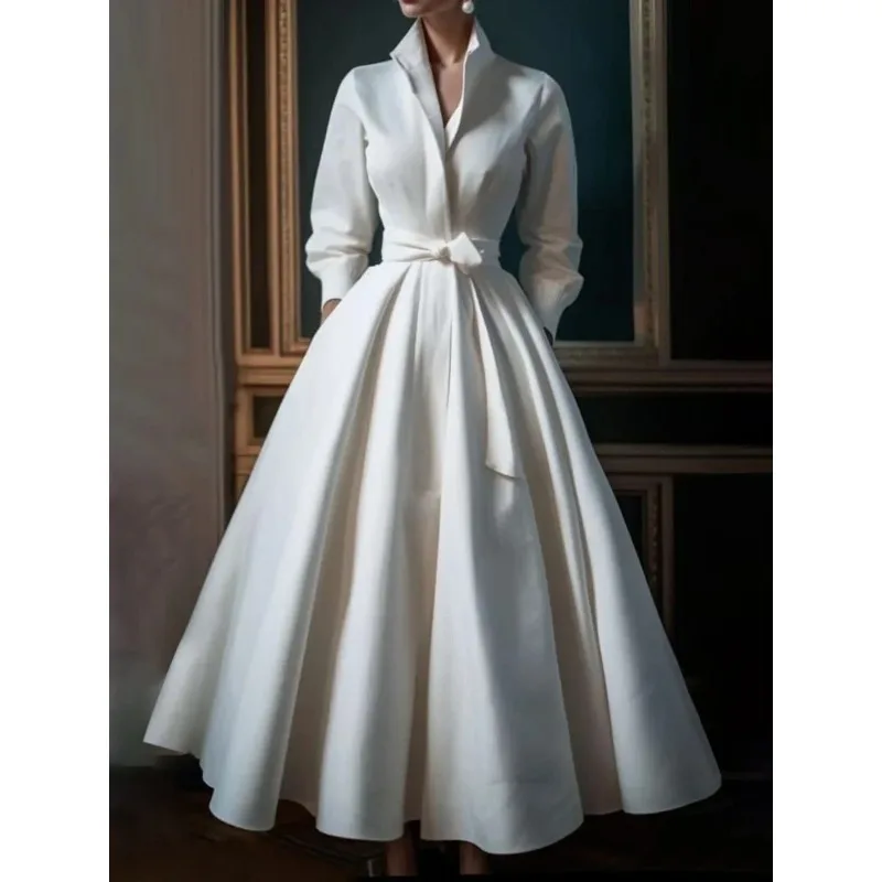 Women's high-end temperament elegant shirt dress long-sleeved stand-up collar white minimalist A-shaped pleated wedding guest