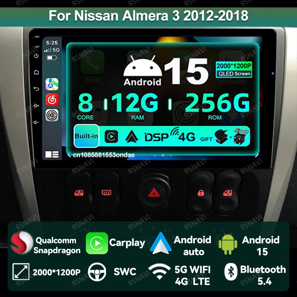 

Android 15 Car Radio For Nissan Almera 3 2012-2018 AI Voice Viedo Player QLED Navigation Autoradio DSP Multimedia Head Unit DVD