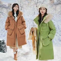 Pregnant Woman White Duck Down Jackets Hooded Warm Fur Fox Collar Oversize Winter Long Coats Clothes Loose Parkas Green Clothing