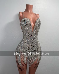 Silver V Neck Mirror Pieces Short Prom Dresses Beaded Crystal 2024 Birthday Luxury Dress Homecoming Back Out Customized