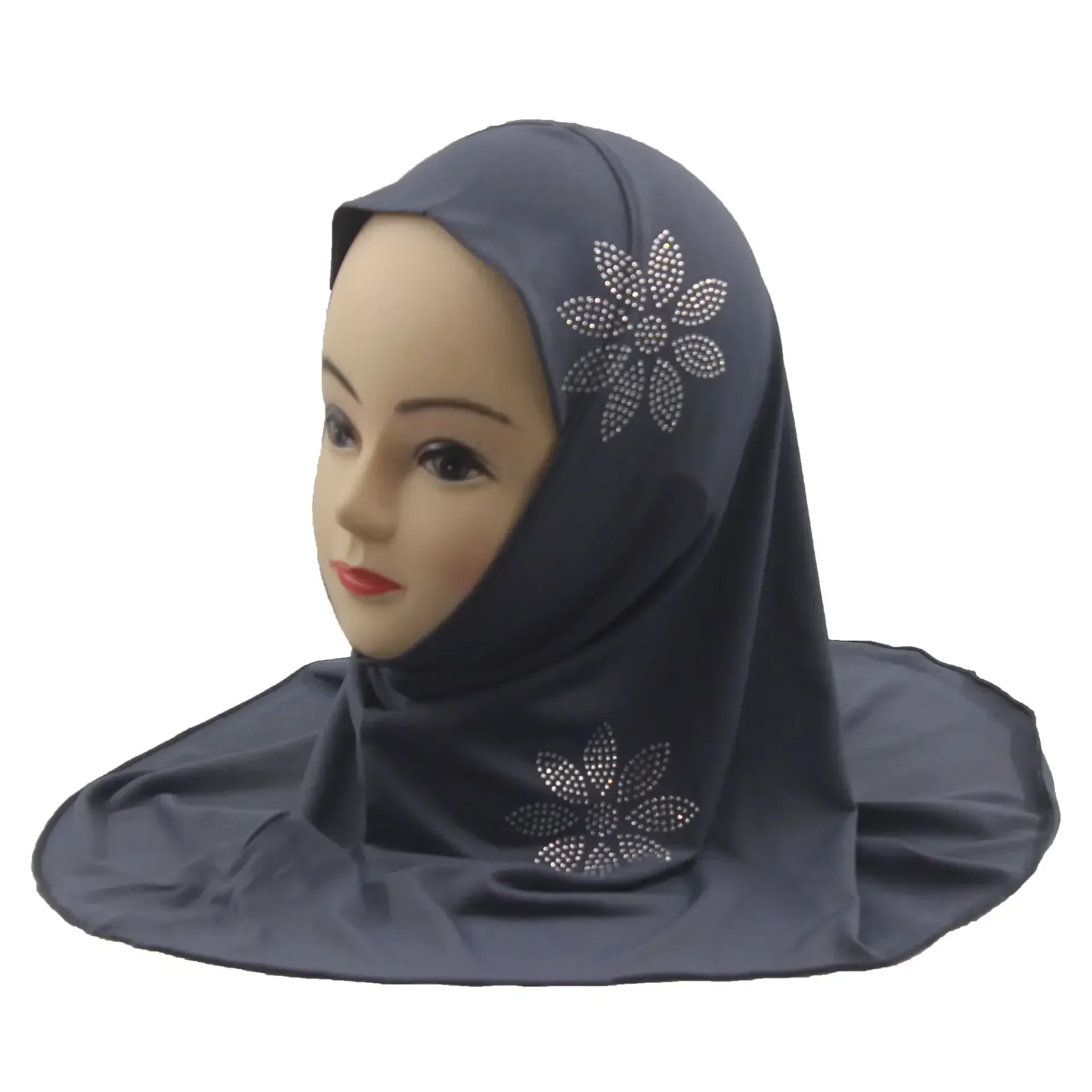 Uma peça amira para crianças de 4 a 8 anos meninas diamantes lenço turbante puxar pronto feito hijab muçulmano cachecol instantâneo islâmico khimar niqab
