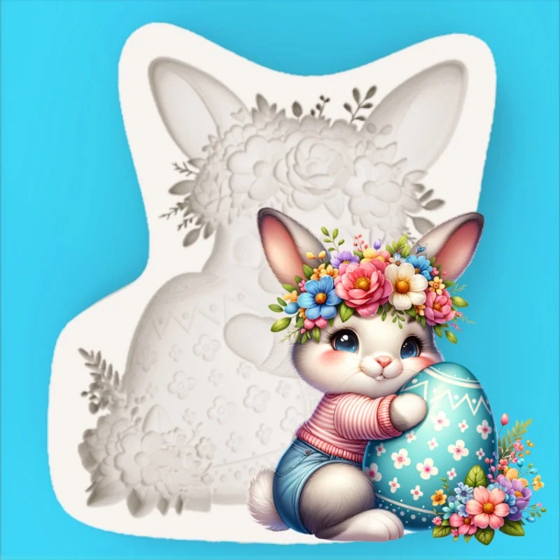 Easter Wreath Bunny Silicone Baking Mold Holding Easter Egg Shaped Chocolate Fondant Cake Decoration Mold view 3