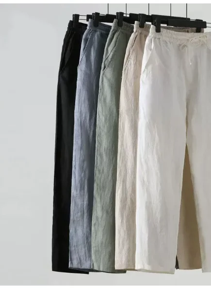 Solid Color Linen Pants Men's Loose Cotton Linen Casual 9 Points Pants Spring Summer Home Straight Soft Comfortable Trousers